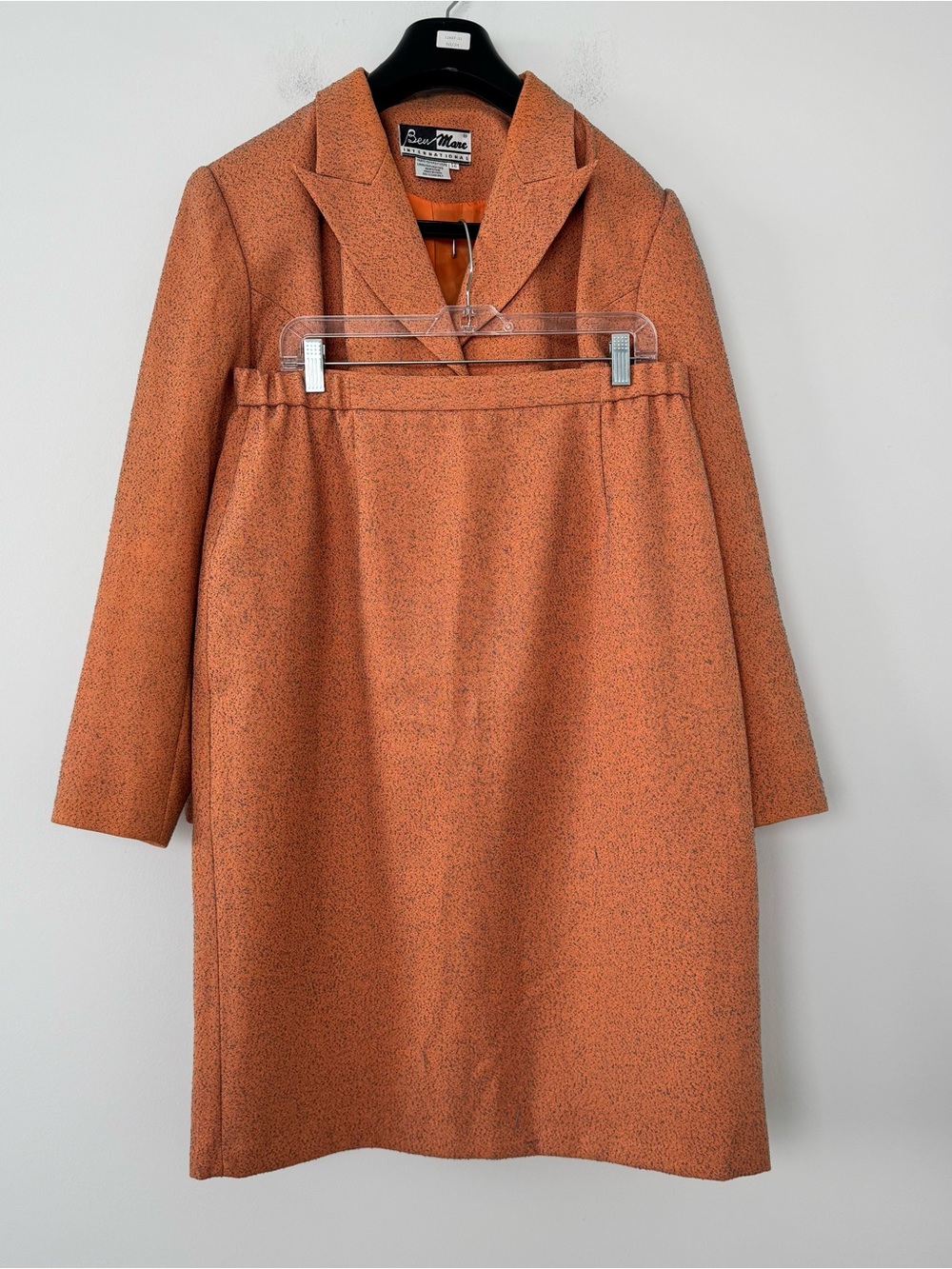 Vintage Ben Marc Skirt Suit Set 16 Rust Tweed Crepe Church Workwear Peak Lapel